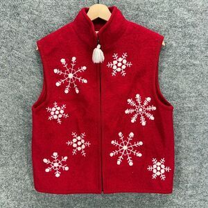 Laura Leigh Vest Women L Large Red Snowflake Print Full Zip Wool Sleeveless
